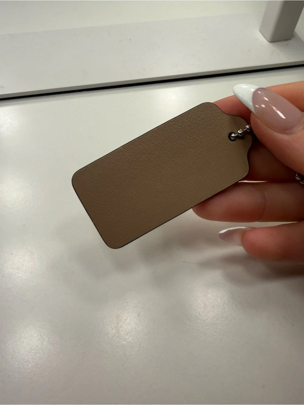 Coach Taupe Leather Tag Keychain with Silver Chain